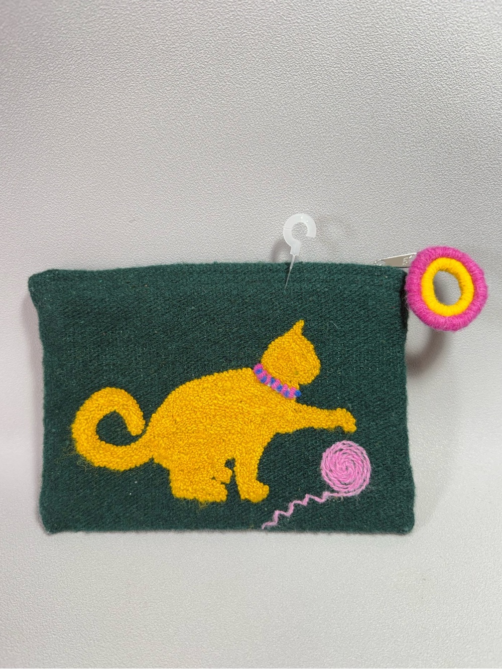 Jenny Krauss Green Wool Cat Clutch with Yellow Cat and Pink Yarn Ball